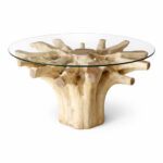 Dhifa round glass top teak root dining table handcrafted from solid natural teak root