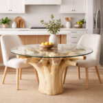 Round glass top teak root dining table in contemporary dining room