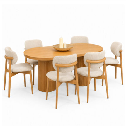 Elara teak oval pedestal dining set with six padded upholstered chairs front 45 degree view