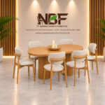 Elara solid teak oval pedestal dining set with upholstered chairs by Indonesian furniture manufacturer
