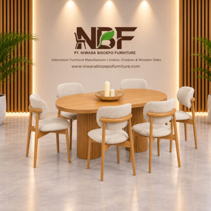 Elara solid teak oval pedestal dining set with upholstered chairs by Indonesian furniture manufacturer