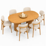 Elara oval teak dining table with fluted double pedestal and six upholstered chairs high angle view