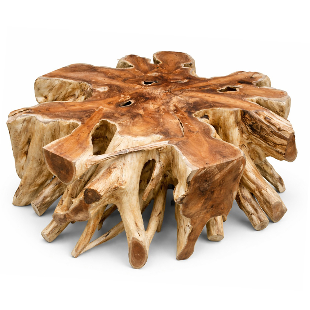 Natural Teak Root Coffee Table Garden Setting Natural teak root coffee table with round glass top in garden setting