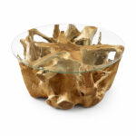 Fina glass top teak root coffee table showing natural sculptural root structure