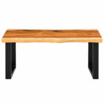 Forge solid suar wood live edge console table with black rectangular iron legs front view
