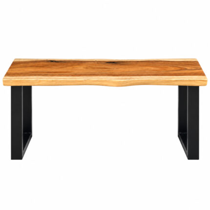 Forge solid suar wood live edge console table with black rectangular iron legs front view
