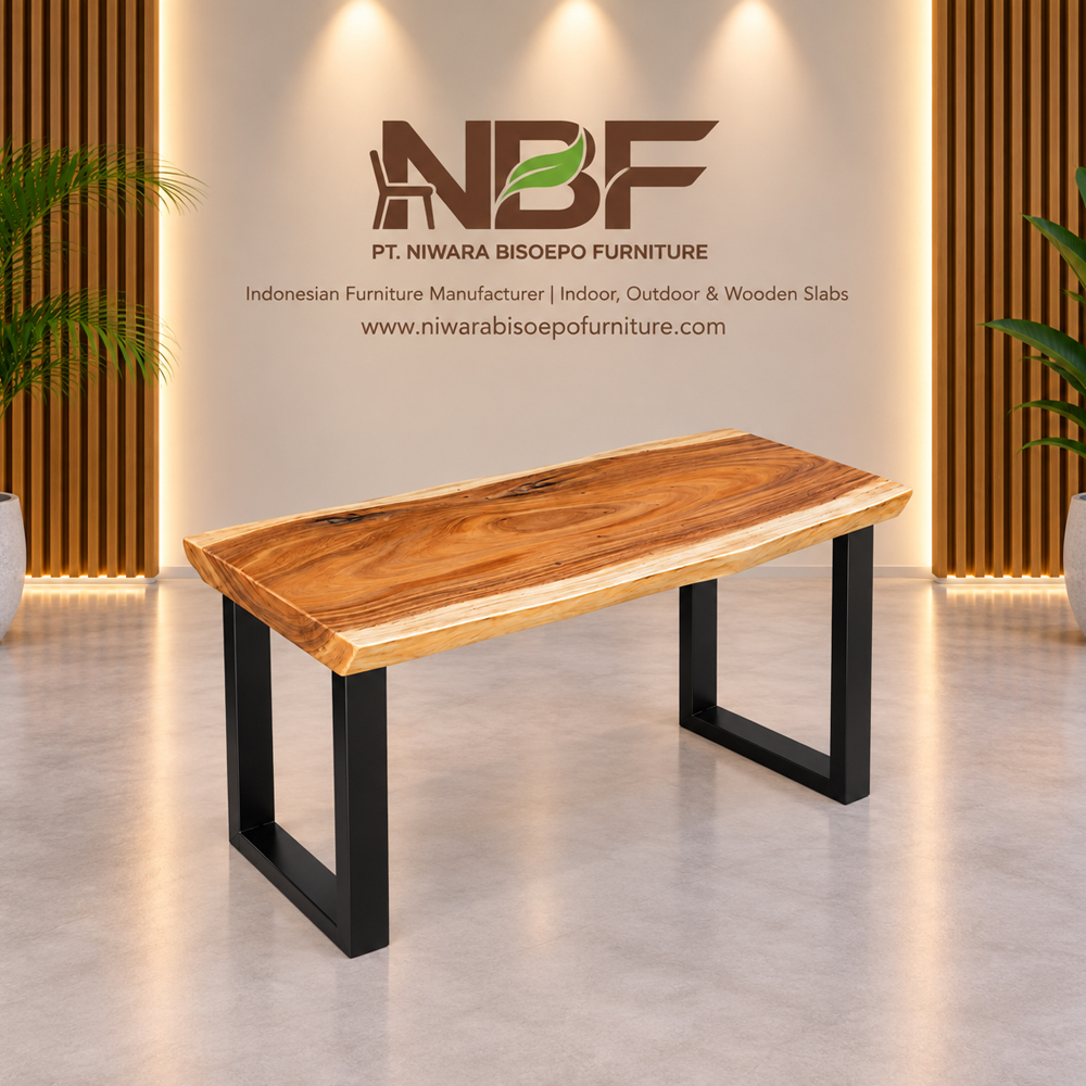 Forge Live Edge Suar Wood Console Table Niwara Studio Forge live edge suar wood console table with black iron legs by Indonesian furniture manufacturer