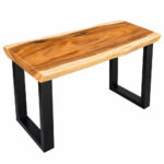Live edge suar wood console table with black iron legs showing natural wood grain