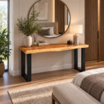 Forge suar wood console table with black iron legs in modern bedroom interior