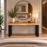 Solid suar wood live edge console table with black metal legs in contemporary bedroom