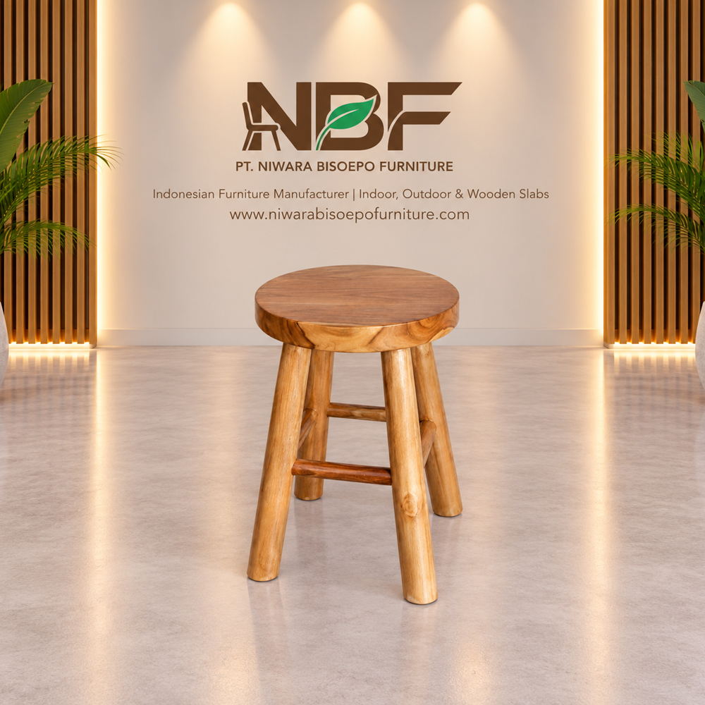 Javana Artisan Round Teak Wood Stool Niwara Studio Javana artisan round teak wood stool by Indonesian furniture manufacturer Niwara Bisoepo