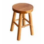 Solid teak wood round stool with four legs and wooden footrest for hospitality furniture