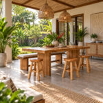 Javana teak wood stools with solid wood table in tropical restaurant and resort setting
