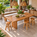 Indonesian teak wood stools with dining table for tropical hospitality furniture project