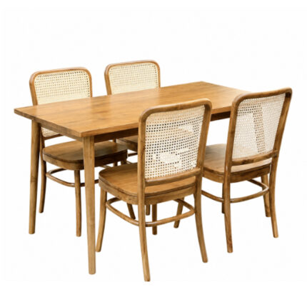 Solid teak wood dining table with four natural rattan Kevin chairs for restaurant and hotel