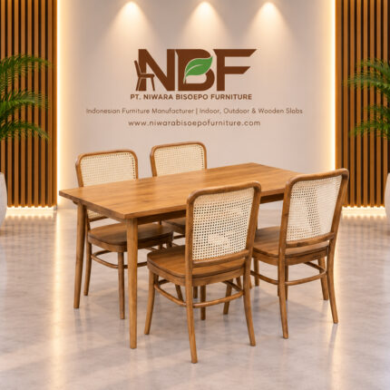Marbella teak and rattan dining set with four Kevin chairs by Indonesian furniture manufacturer