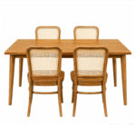 Front view of Marbella solid teak dining set with four woven rattan back dining chairs