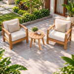 round teak slatted tabletop outdoor side table top view
