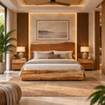 Natura live edge suar wood bed in modern tropical resort bedroom with natural wood furniture