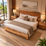 Natura solid suar wood bed with natural live edge headboard in luxury villa bedroom high angle view