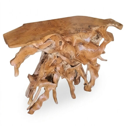 Natura sculptural teak root console table showing natural wood grain and organic root form