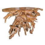 Front view of Natura natural teak root console table with organic sculptural