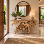 Sculptural teak root console table for luxury villa hotel lobby and modern tropical entryway