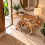 Natura teak root console table with organic natural edge top for luxury interior projects
