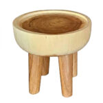 Front view of solid suar wood bowl side table with three wooden legs
