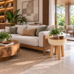 Suar wood bowl side table beside sofa in modern tropical living room interior