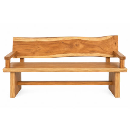Natural edge high back suar wood arm bench with solid wood seat and backrest