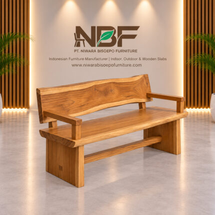 Natural edge high back suar wood arm bench by Indonesian furniture manufacturer