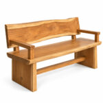 Live edge suar wood bench with high back and wooden armrests in three quarter view