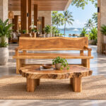 Live edge suar wood bench for hotel resort villa and hospitality seating projects
