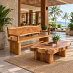 Solid suar wood arm bench with natural live edge backrest for tropical resort interiors