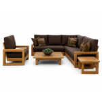 Solid teak outdoor lounge set with sectional sofa chair coffee table and side tables