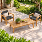 solid teak rectangular coffee table in outdoor lounge setting