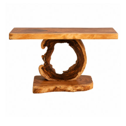 Forge live edge suar wood console table with sculptural ring base