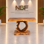 Forge live edge suar wood console table with sculptural ring base Studio NBF