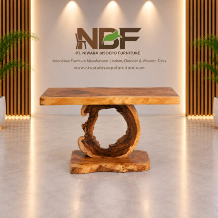 Forge live edge suar wood console table with sculptural ring base Studio NBF