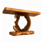 Sculptural live edge suar wood console table angled view