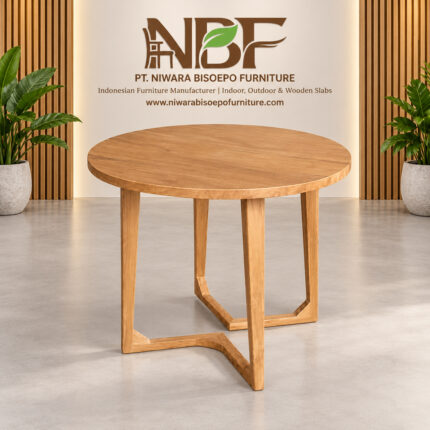 Orion solid teak round dining table by Indonesian furniture manufacturer