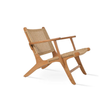 Retrograde woven teak lounge chair with solid teak frame front angle