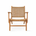 Retrograde solid teak lounge chair with woven seat and backrest front view