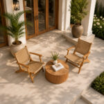 Woven teak lounge chairs in modern tropical villa patio setting
