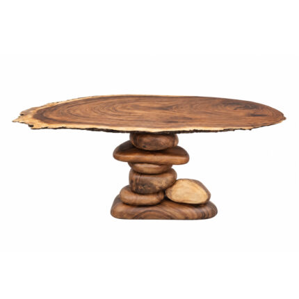 River Stone Suar Wood Console Table with live edge top and stacked pebble base
