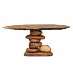Solid suar wood console table with sculptural stacked river stone base