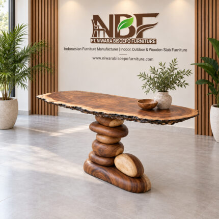 River Stone Suar Wood Console Table displayed in Niwara Bisoepo Furniture studio