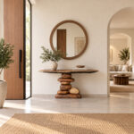 Sculptural suar wood console table for modern villa entryway interior