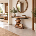 Live edge suar wood console table with stacked pebble base in luxury interior